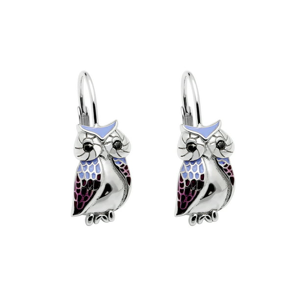 Pretty Owl  Drop Sterling Silver Dangle Enamel Earrings